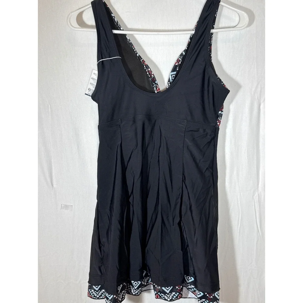 Summer Mae Women's One Piece Swimsuit Tummy Control Black Tribal Print V-Neck - Picture 3 of 5